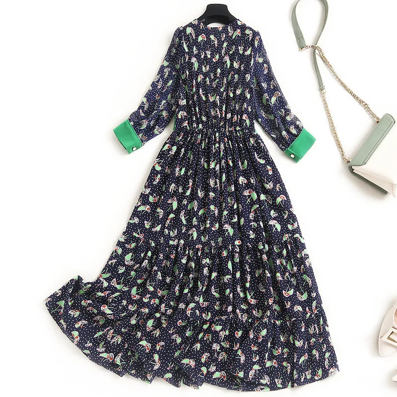 

High Quality Runway Fashion Spring Designer Chiffon Print Dress Women Elegant Midi Bohemian Beach Robe Femme Vintage Vestidos