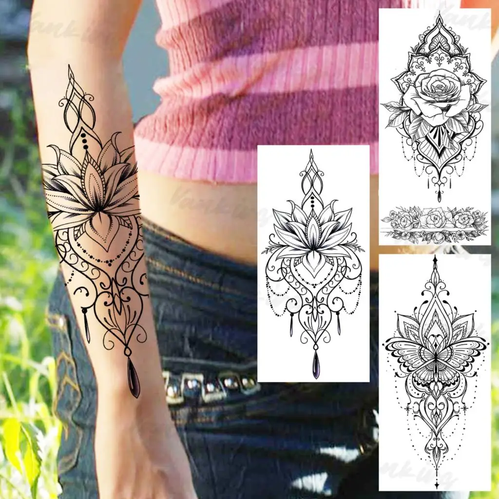 

Black Lotus Pendant Temporary Tattoos For Women Girls Realistic Henna Rose Flower Fake Pendant Tattoo Sticker Forearm Body Tatoo