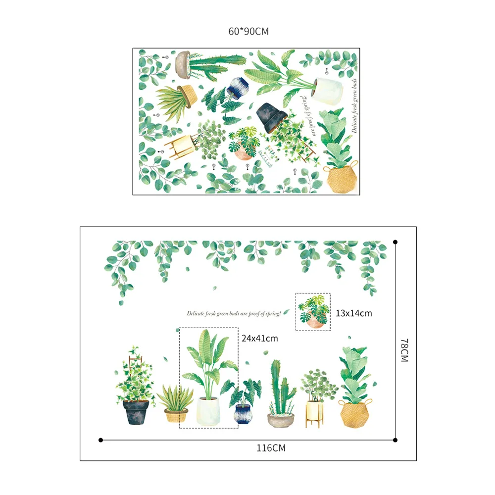 Новый Зеленый Лист бонсай в горшках Цветочные растения Настенные стикеры s