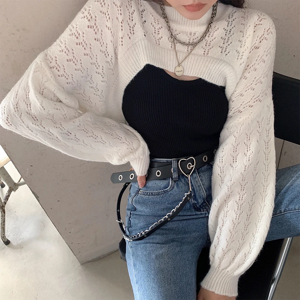 

Early Autumn Long Sleeve Hollowed Out Sweater Women's 2020 New Korean Version Gentle Wind Loose and Versatile Short Sweater Coat