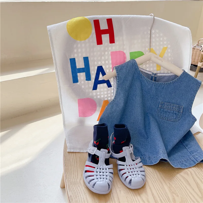 

Летнее платье для девочек из тонкого хлопка джинсовое пальто без рукавов верхняя одежда в Корейском стиле, повседневный Свободный жилет