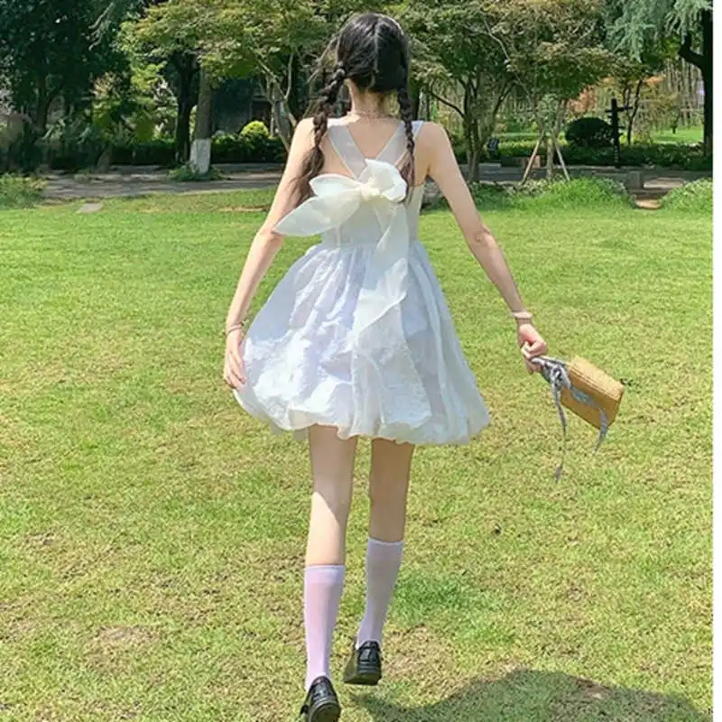 

DEAT Women White Camis Bow Backless Folds A-line High Waist Dress New Strapless Sleeveless Slim Fashion Tide Summer 2021 7E767