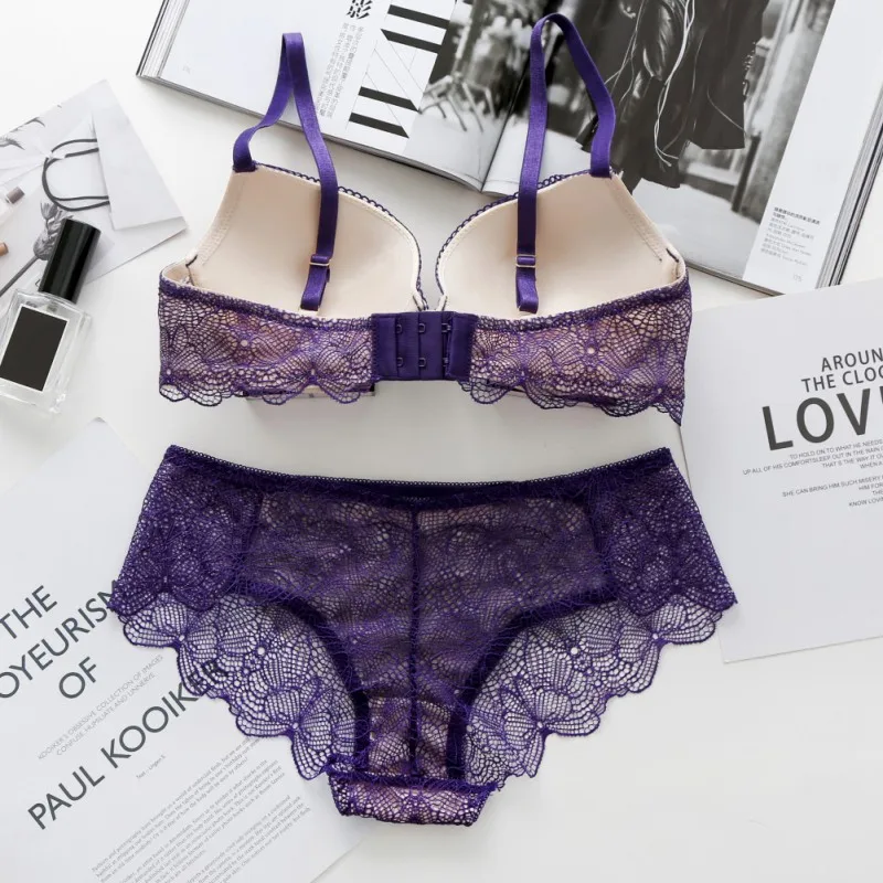 

New Underwear Women Bra Set Sexy Floral Lace Push up Bra Underwear Women Lingerie Bra+1pc Panties Deep Plunge V Neck 1pc EFINNY