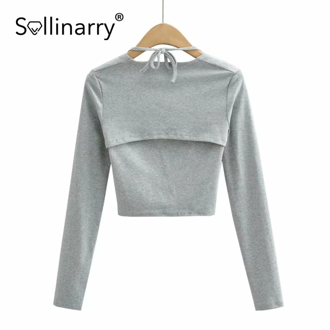 

Sollinary Sexy long sleeves lace up crop top women High street pullover tops ladies Fashion chic slim solid color T shirts