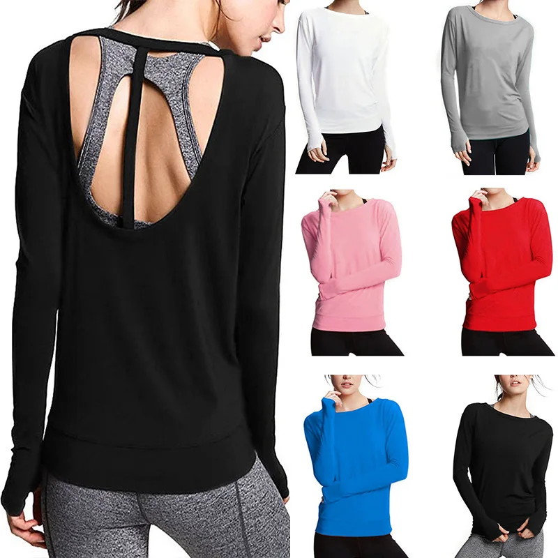 Спортивный топ с длинными рукавами и открытой спиной модная свободная футболка