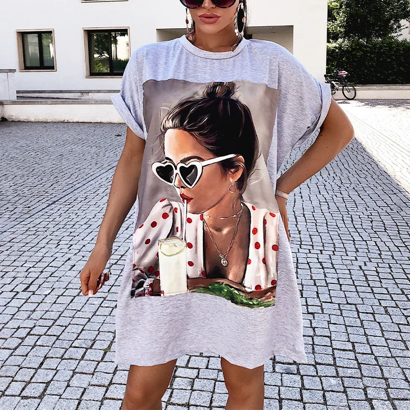 

hirigin 2021 European and American style new casual round neck women's wear large size loose image printing short sleeve T-shirt