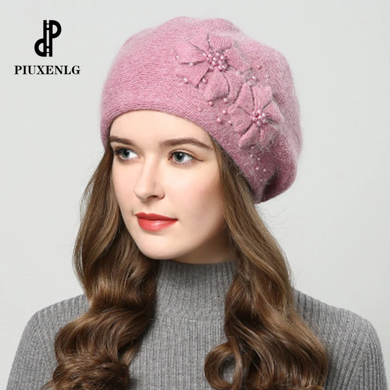 

Winter women x27s rabbit fur pompom hats wool knitted Crochet Berets warm lined beanie hat fashion bobble ski cap beanies caps