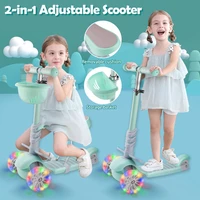 2 in 1 kids scooter with 3 led wheels skateboard bike adjustable handlebar removable seat for children skate exercise toys