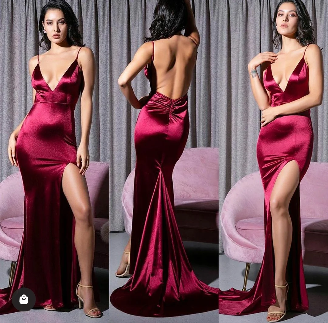 

Long Satin Spaghetti Deep V-Neck Mermaid Prom Dresses with Slit Sexy Backless Abendkleider Robes de Soirée for Women
