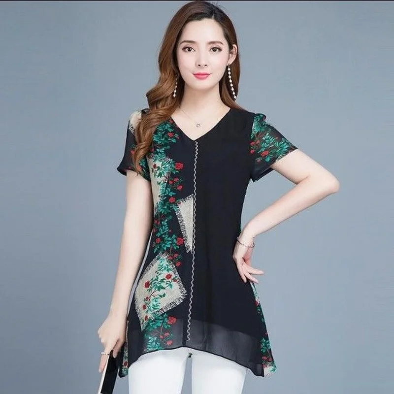 

Chiffon Shirts Women 2021 Summer New Loose Short Sleeve Retro Floral Print Shirt Top and Blouse Blusas Mujer Femme Y806