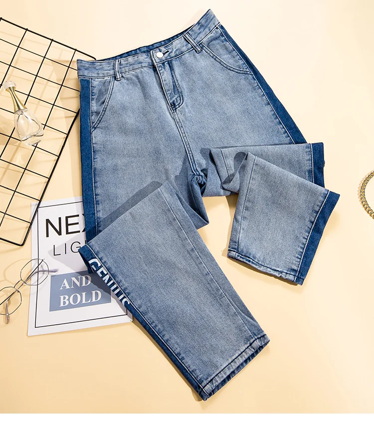 

Plus Size Fasionable Side Letter Splicing Straight Jeans for Women