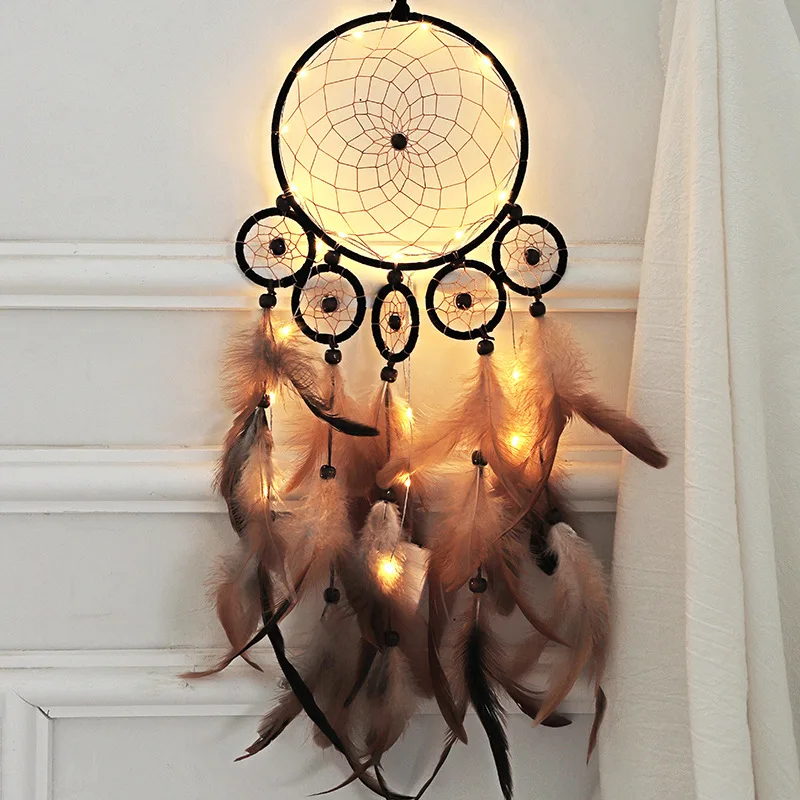

NEW LED Light DreamCatcher Nordic Brown Feather Wind Chimes Kids Rooms Dream Catcher Balcony Wall Decor Hanging Ornaments Gifts