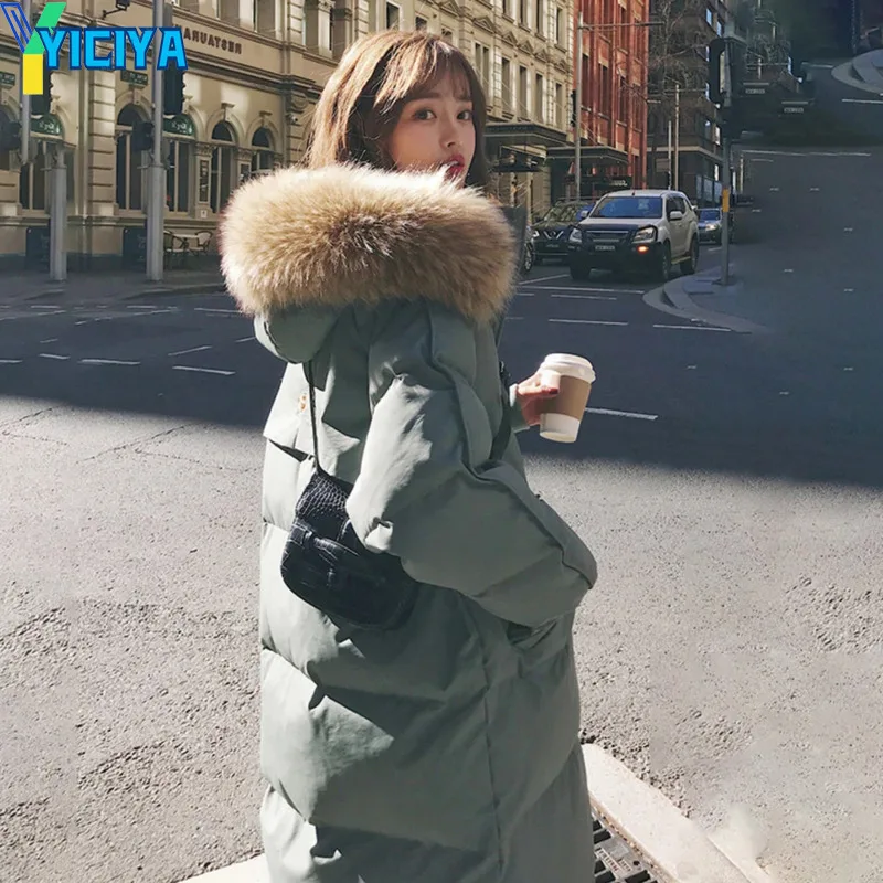 YICIYA Women's Winter Long Puffer Jacket Padded Korean  Large Faux Fur Collar Hooded  Thicken Parka Warm  Loose Women  Down Coat