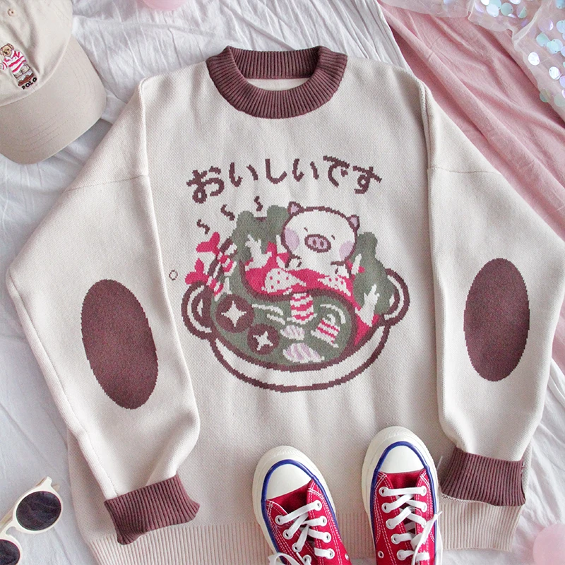 

Cute Girl Tops Mori Girl Sweater Pig Pattern Knitted Sweater Lolita Korean Retro Autumn Winter Casual Loose Knitwear Harajuku