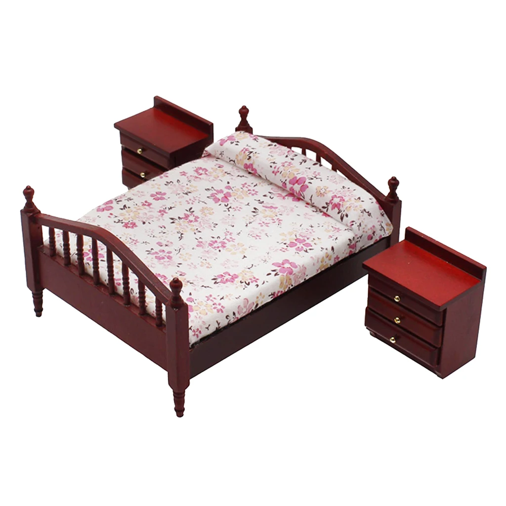 

1/12 Dollhouse Miniature Furniture Wood Double Bed Model DIY Ornaments