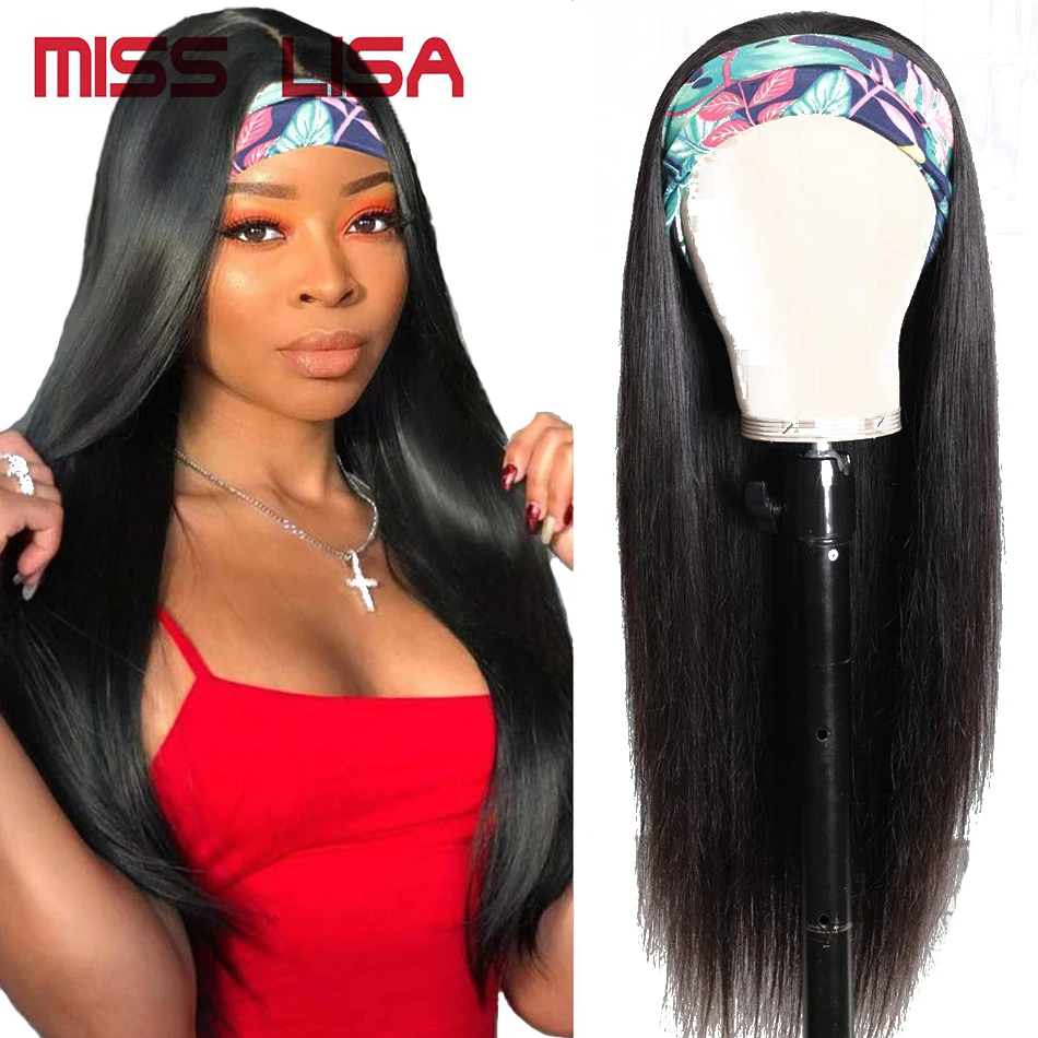 Straight Human Hair Wigs With Headband Scarf Brazilian Non-remy Hair 150 Density U Part Wig For Black Women Fashion Style
