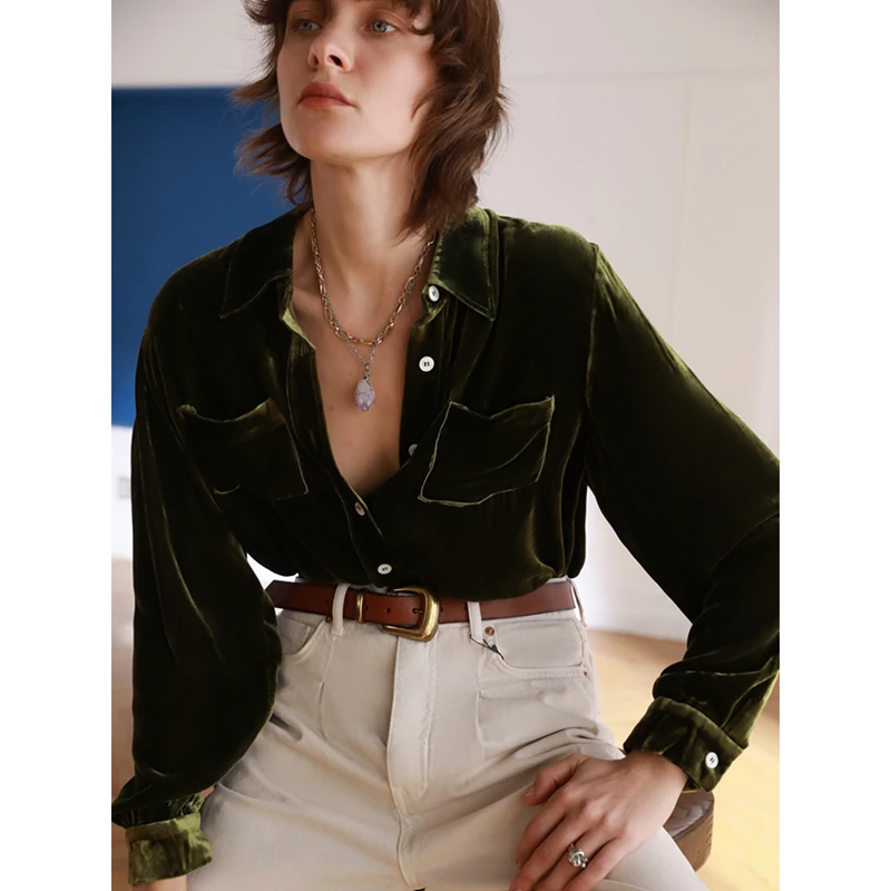 

Velvet Blouse Women 100% Silk Turn-down Collar Single-breasted Long Sleeve Solid 4 Colors High Quality Shirt Ladies New Fashion