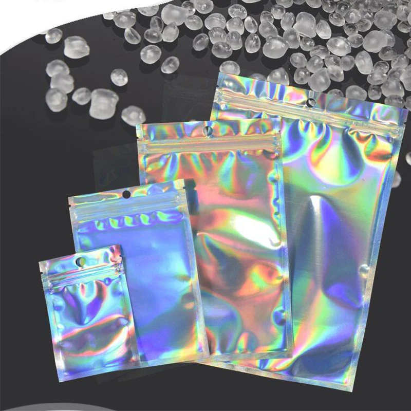 

100pcs Laser Ziplock Bag Cosmetic Packaging Self Sealing Gift Bag Clear Holographic Jewelry Thick Aluminum Foil Zip Lock Bags