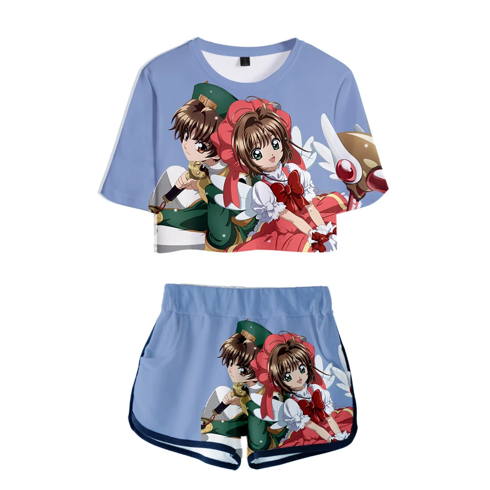 

Набор для сна Cardcaptor Sakura в стиле хип-хоп с аниме графическим принтом, 2 предмета, кавайный женский костюм, Повседневная Уличная одежда для дев...