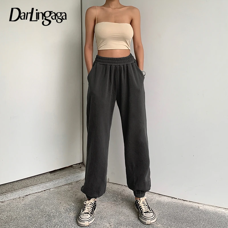 

Повседневные хлопковые однотонные базовые спортивные брюки Darlingaga, осенние женские джоггеры с высокой талией, свободные эластичные мешкова...