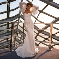simple satin wedding dresses mermaid bridal dress with detachable sleeve sweetheart pleats elegant bride dress vestido de noiva