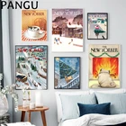 Новогодняя Настенная картина в стиле ретро с изображением кошки мопса, журнала Нью-Йорка, постеры и принты на холсте, настенные картины для декора гостиной