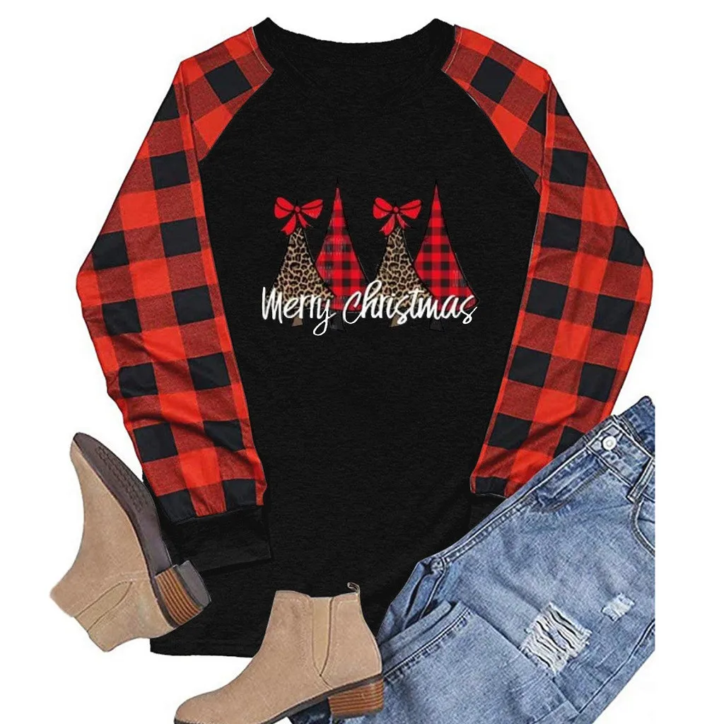 Женские повседневные футболки блузки с длинным рукавом в клетку рождественским