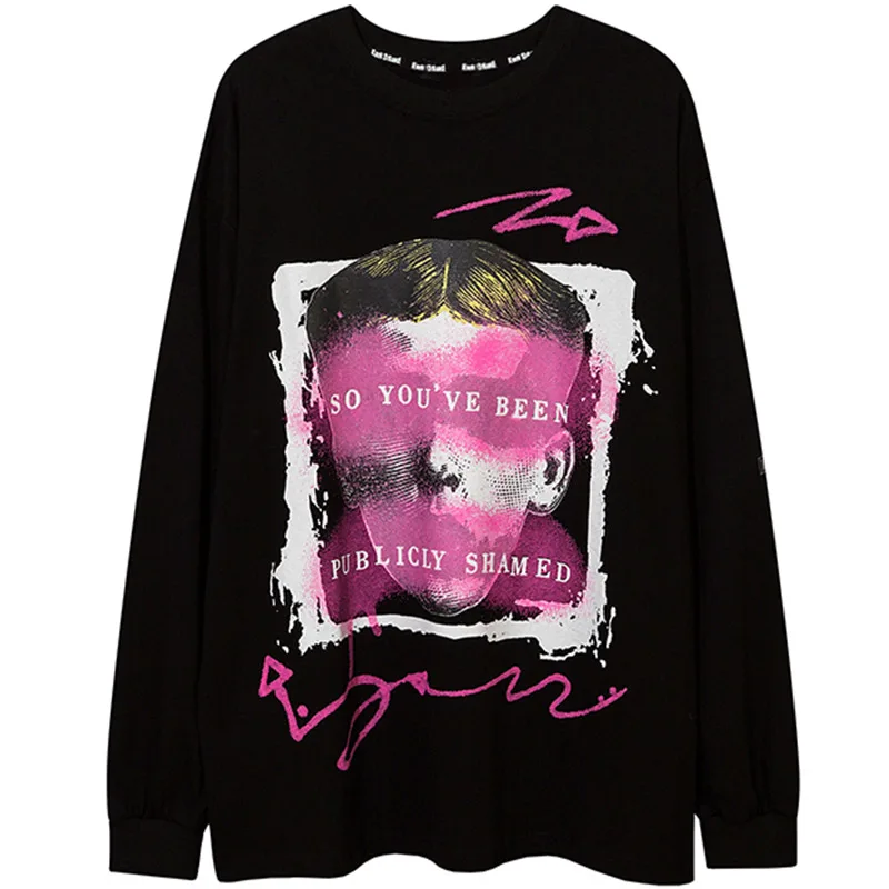 

Sweatshirt Men Boy Portrait Letter Painting Printed Pullover Couple Baggy Hip Hop Fashion High Street Autumn Streetwear
