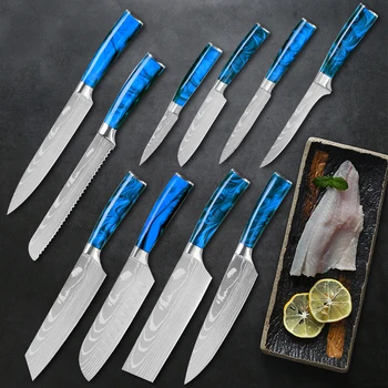 10pcs Kitchen Knives Set Professional Chef Knives Japanese High Carbon Stainless Steel Imitation Damascus Pattern Knife Set Tool