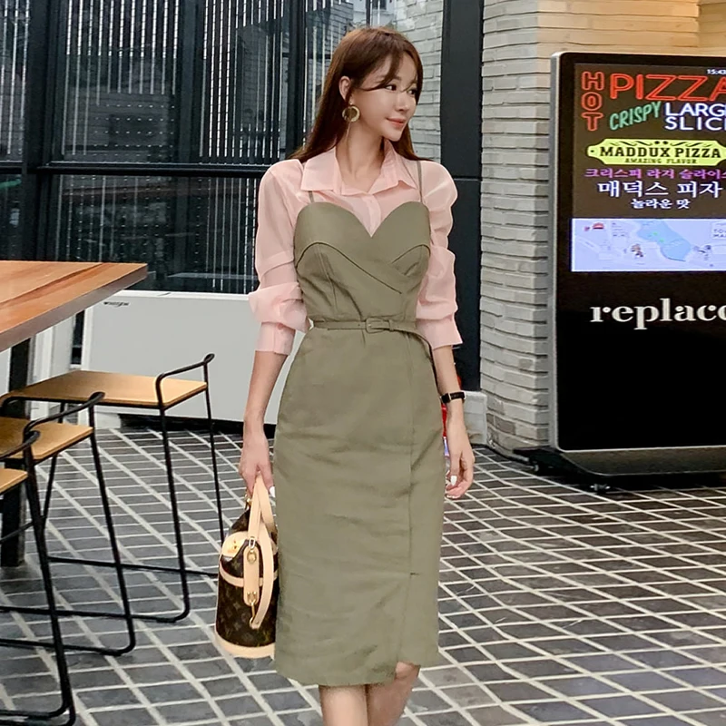 HAMALIEL корейский женский спагетти ремень Bodycon Карандаш платье Модный комплект из