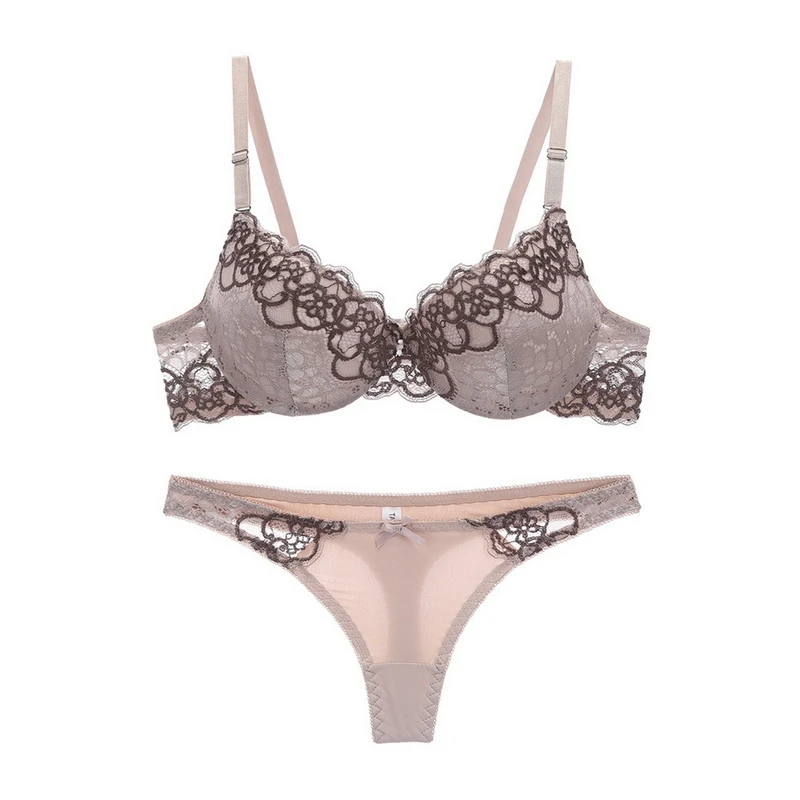 

Sexy Thong Lace Push Up Bra Set Lingerie Women Underwear Sets Intimates Embroidery Floral Black White Big Size Bra Brief Sets