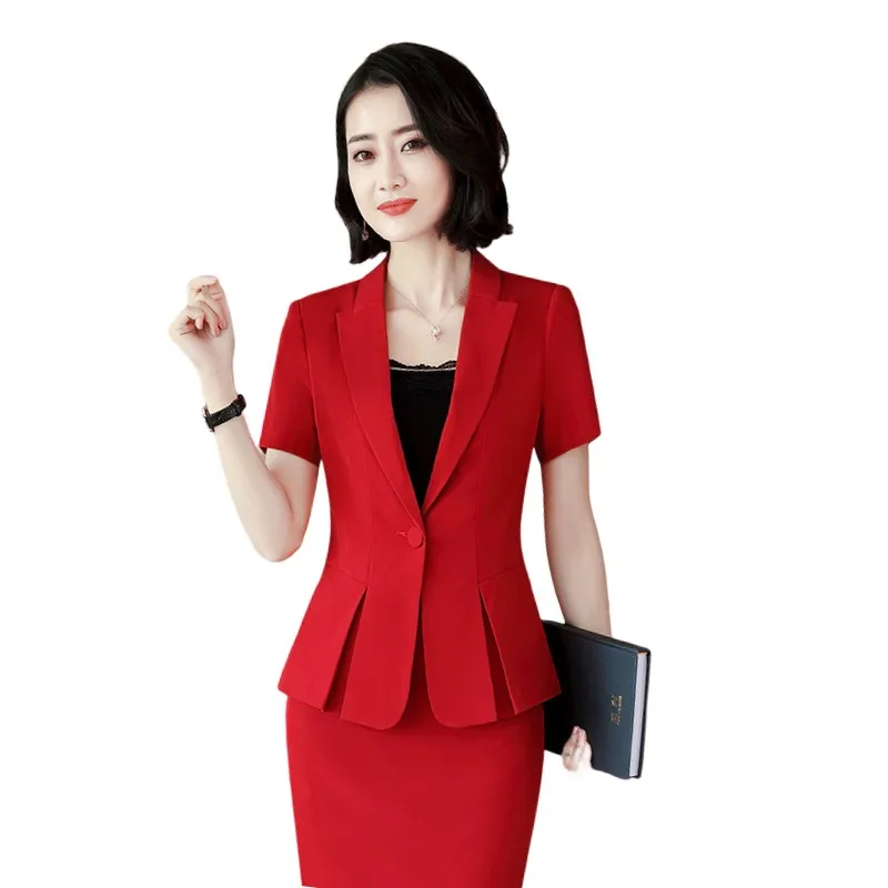 

2021 Summer Skirt Suits for Women Elegant Office Lady Business Work Short Sleeve Blazer Pants Set Fashion Jacket Suit Female