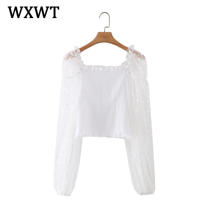 

WXWT 2021 Women Two Wear One Shoulder Patchwork Top Ladies Long Sleeve Solid Folds Short Tops XZ21017