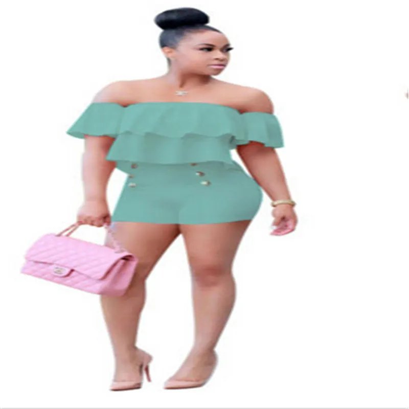 

2017 Summer Sexy Off Shoulder Ruffles Two Piece Set Top and Shorts Fashion Casual Short Sleeve Women SuitS outfit W