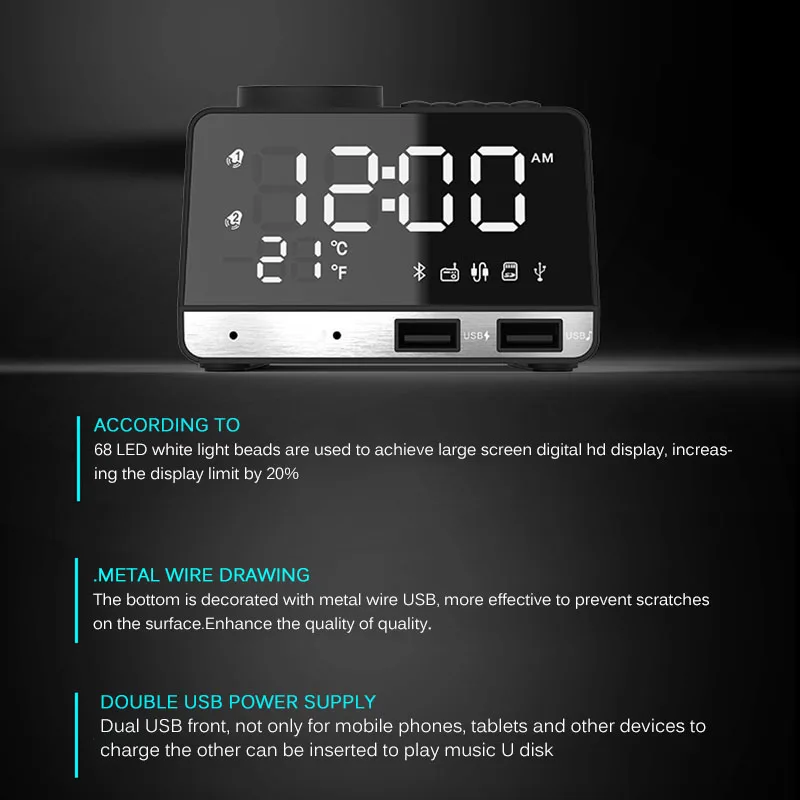 СВЕТОДИОДНЫЙ цифровой двойной будильник зеркальные часы беспроводной bluetooth