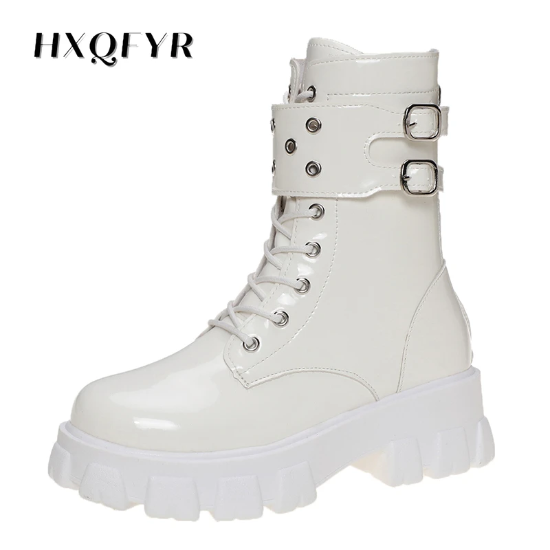 

Boots Female British Style Autumn New Thick-Soled All-Match Motorcycle INS Zip Cross-tied Round Toe Square Heel Botas Altas Muje