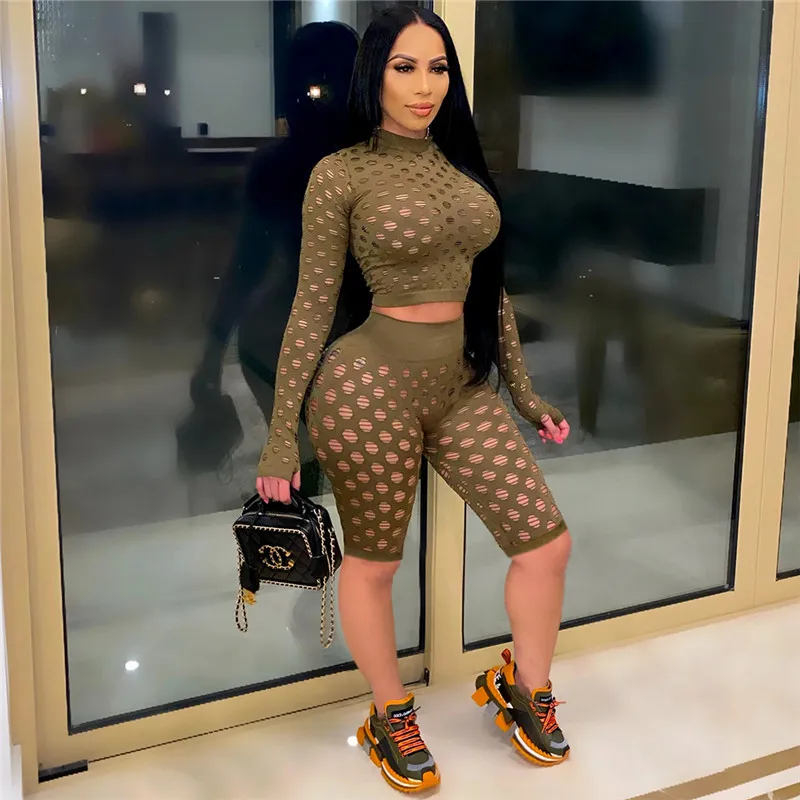 

Adogirl Women Mesh Hollow Out Two Piece Set Tracksuit O Neck Long Sleeve Crop Top Knee Length Pants Shorts Casual Active Suit