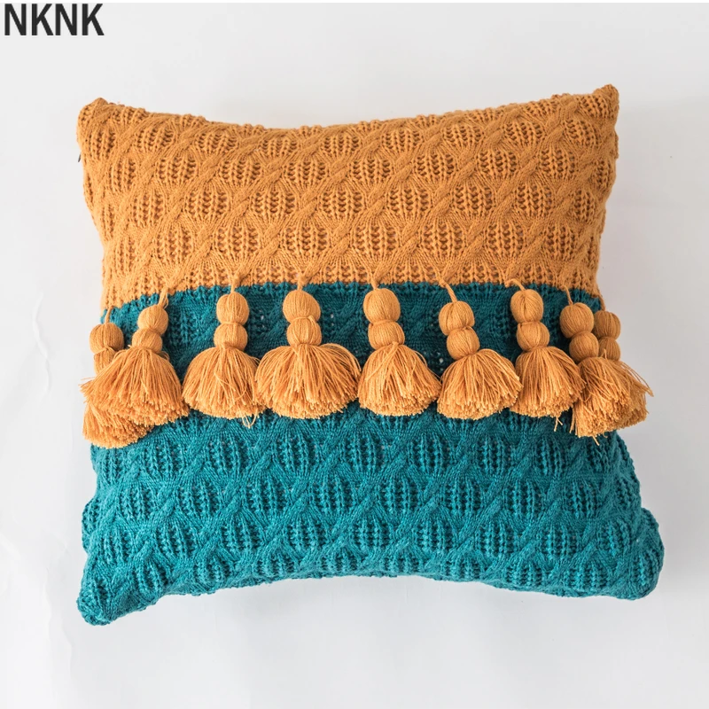 

Boho Style Cushion Cover 45x45cm Tassles Decoration Knit Patched Color Soft Home Decoration Pillow Cover for Living room Bedroom
