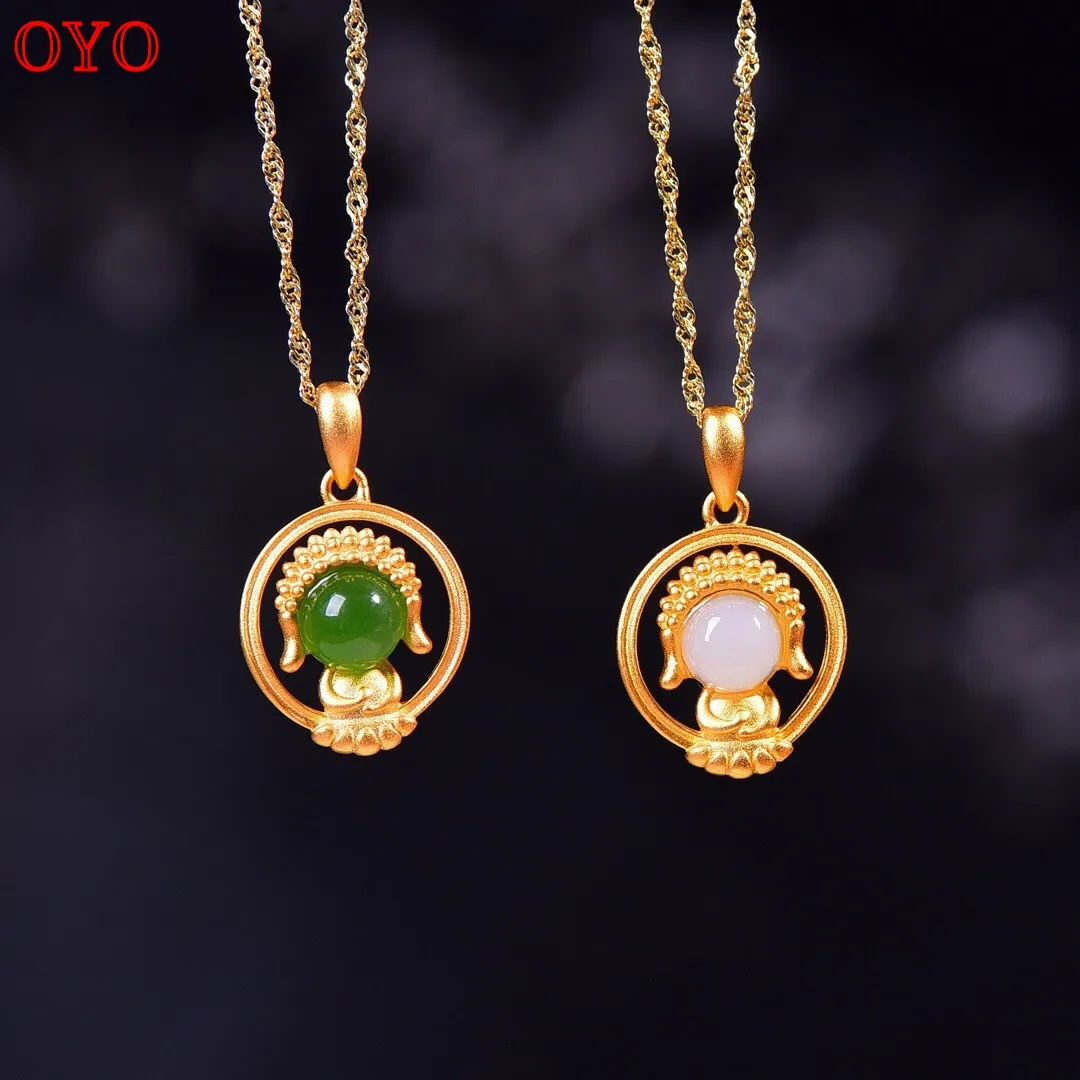 

Gold Store Same Model Hetian Jade Buddha Necklace 925 Silver Inlaid Jasper Female Buddha