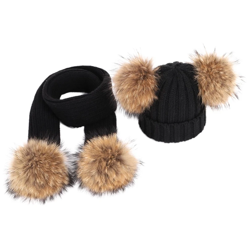 

2pcs Women Men Slouchy Beanie Hat Long Scarf Set Winter Warm Fake Ball Dual Pom Pom Caps Neck Scarves
