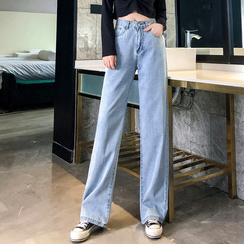 

Брюки женские повседневные, весна-осень 2021, новые джинсы с высокой талией и широкими штанинами