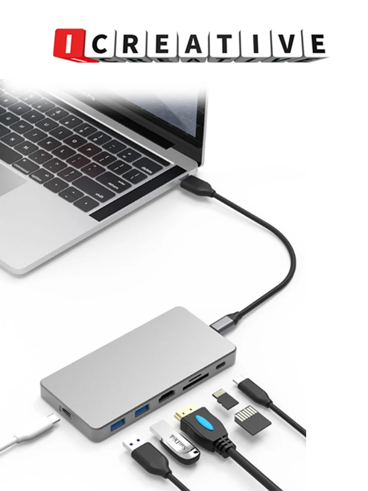 

Концентратор ICREATIVE с Type-C на M.2 NVME SSD, PD зарядка HDMI 4K USB 3,0 для DELL Macbook Pro Lenovo, разветвитель док-станции