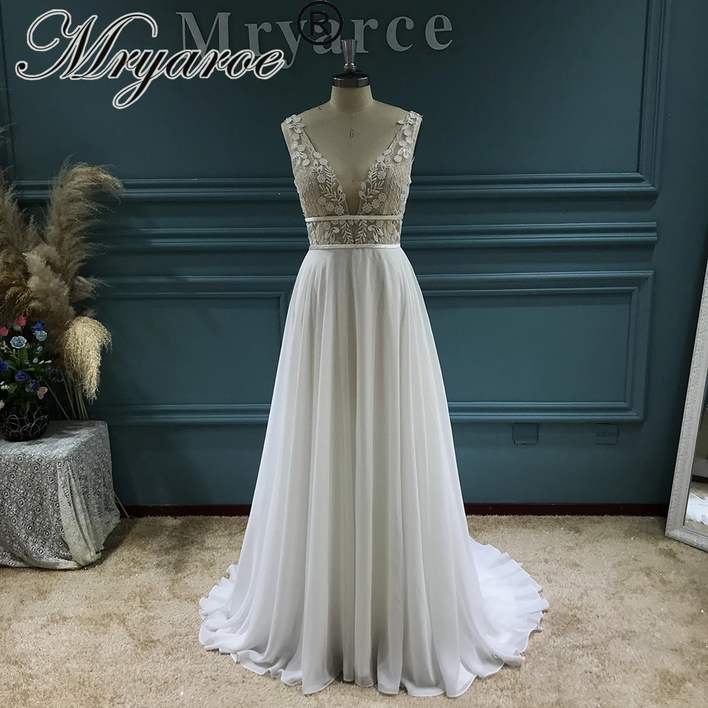Mryarce 2021 Plunging Neckline 3D Flower Lace Open Back Chiffon A Line Wedding Dress Rustic Bridal Gowns beach wedding dresses