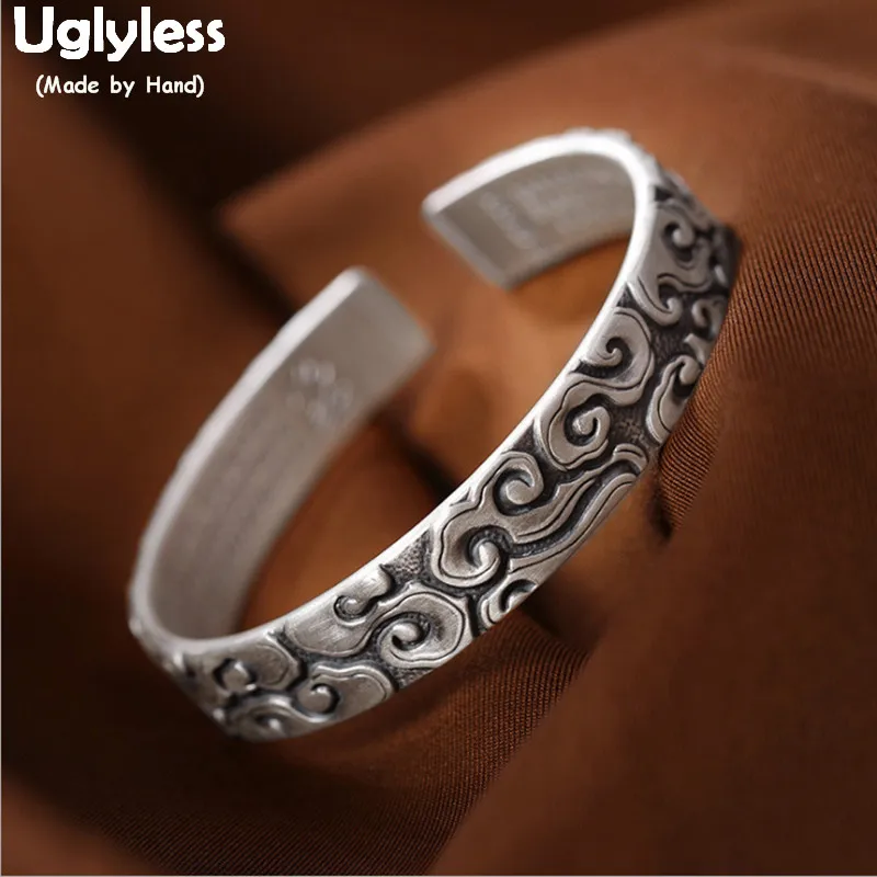 Uglyless Real 999 Fine Silver Carved Vines Bangles for Women Thai Silver Buddhistic Wide Bangles Heart Sutra Fine Jewelry BA577