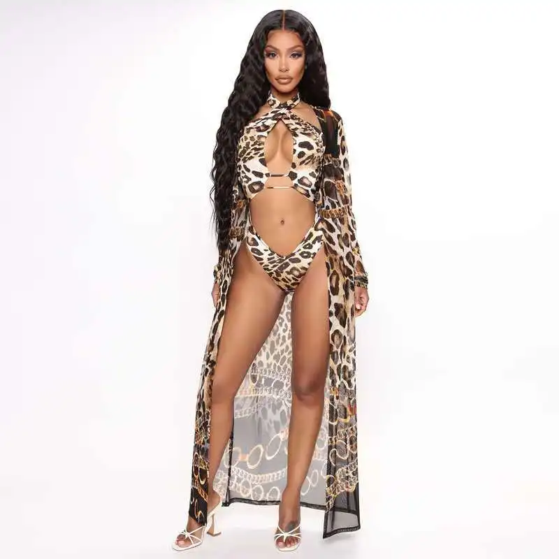 New Women Two Pieces Bikini Set With Cover Up Sexy Fashion Leopard Print Bathing Suit Long Sleeve Swuimsuit Sunscreen Beachwear