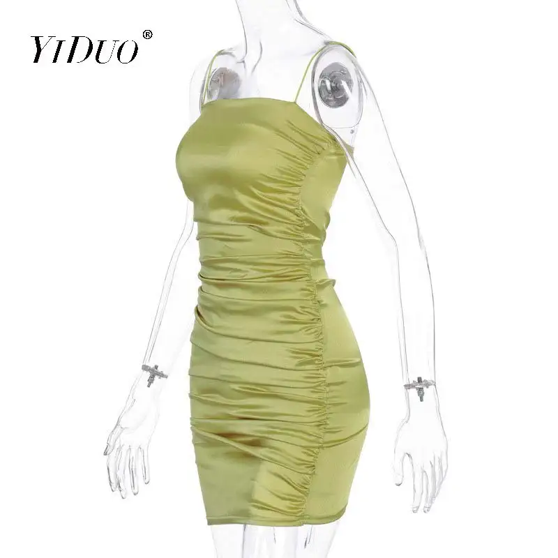 

YiDuo 2020 Sleeveless Satin Bodycon Sexy Mini Dress Autumn Women Fashion Slash Neck Solid Green Club Party Dress Vestidos Mujer
