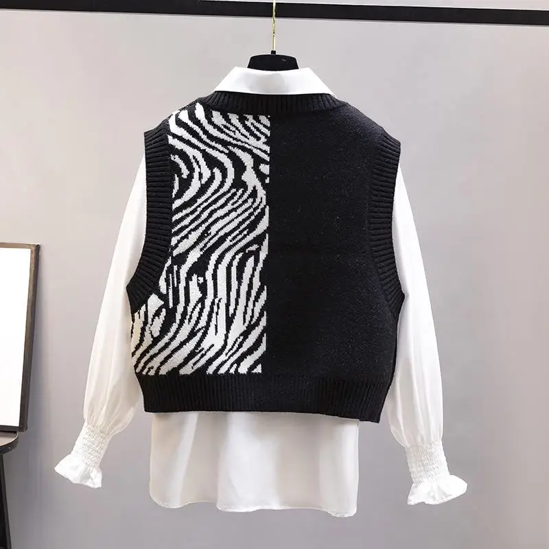 Модный черный вязаный жилет с узором зебры Женский Повседневный Свободный