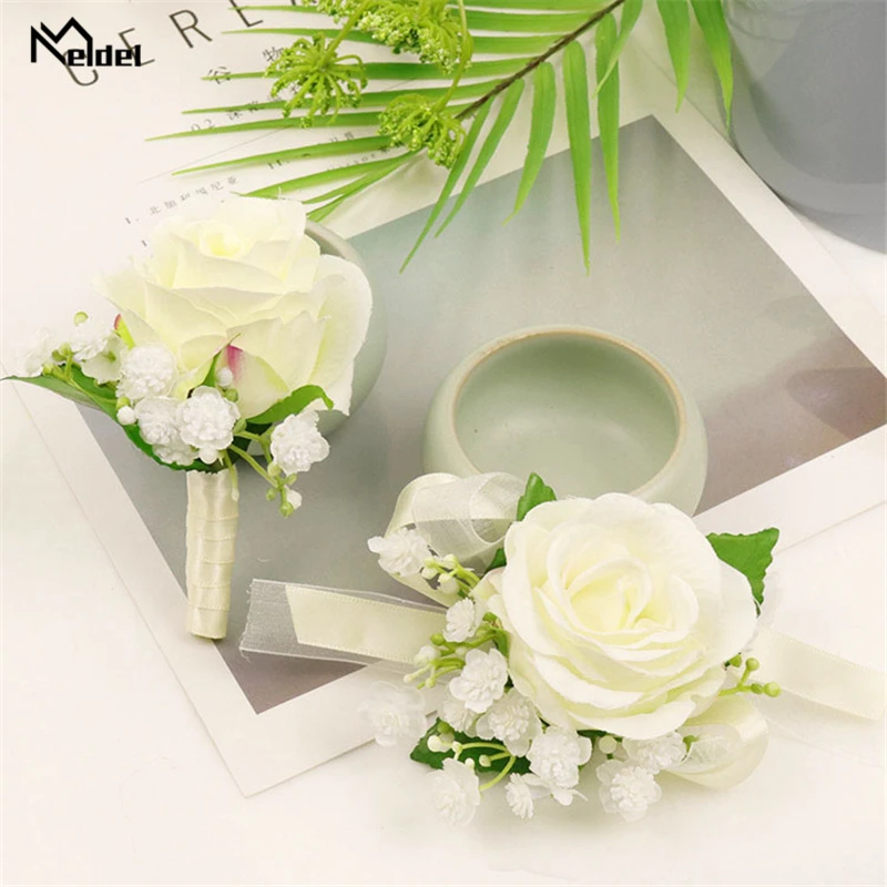Meldel шелковые розы белые свадебные корсажи и бутоньерки жениха для мужчин