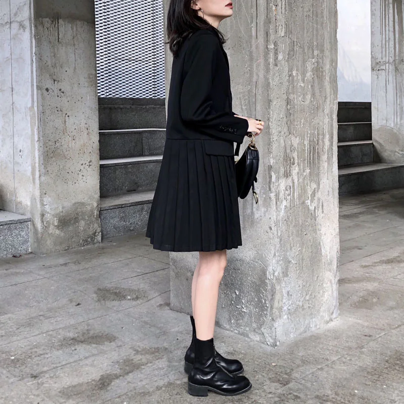 Autumn women's dress casual solid color pocket decoration stitching pleated suit dress|Женские платья| |