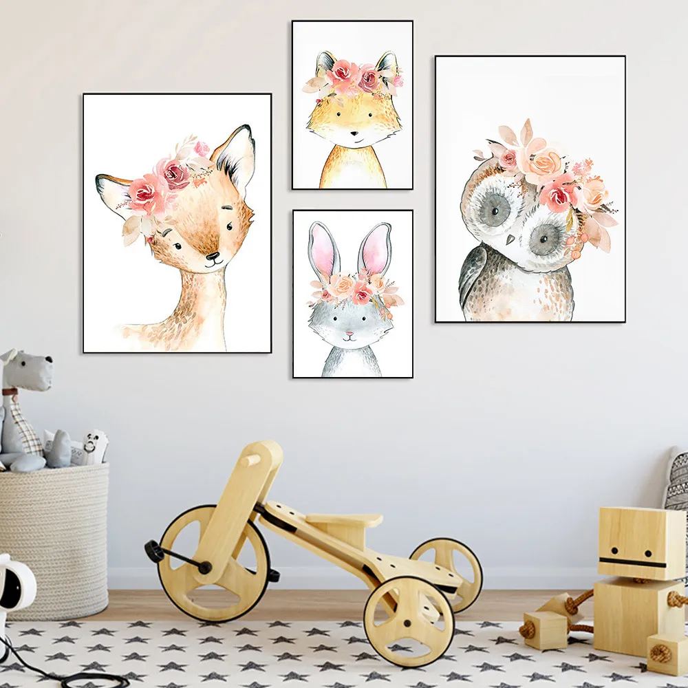 

Nordic Poster Owl Rabbit Deer Raccoon Canvas Art Painting Nursery Painting Children's Bedroom Wall Hanging Picture Frameless